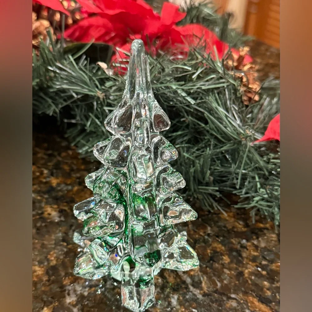 Vintage Price Products Crystal Clear Glass /Green Stripe Christmas Tree 6